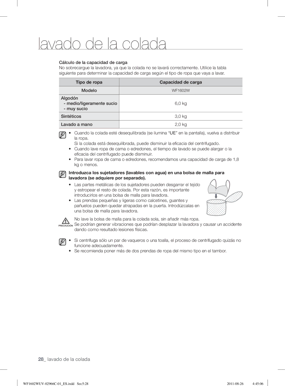 Samsung WF1602WUV/XEC, WF1602WUV/XEP manual Cálculo de la capacidad de carga, Modelo 