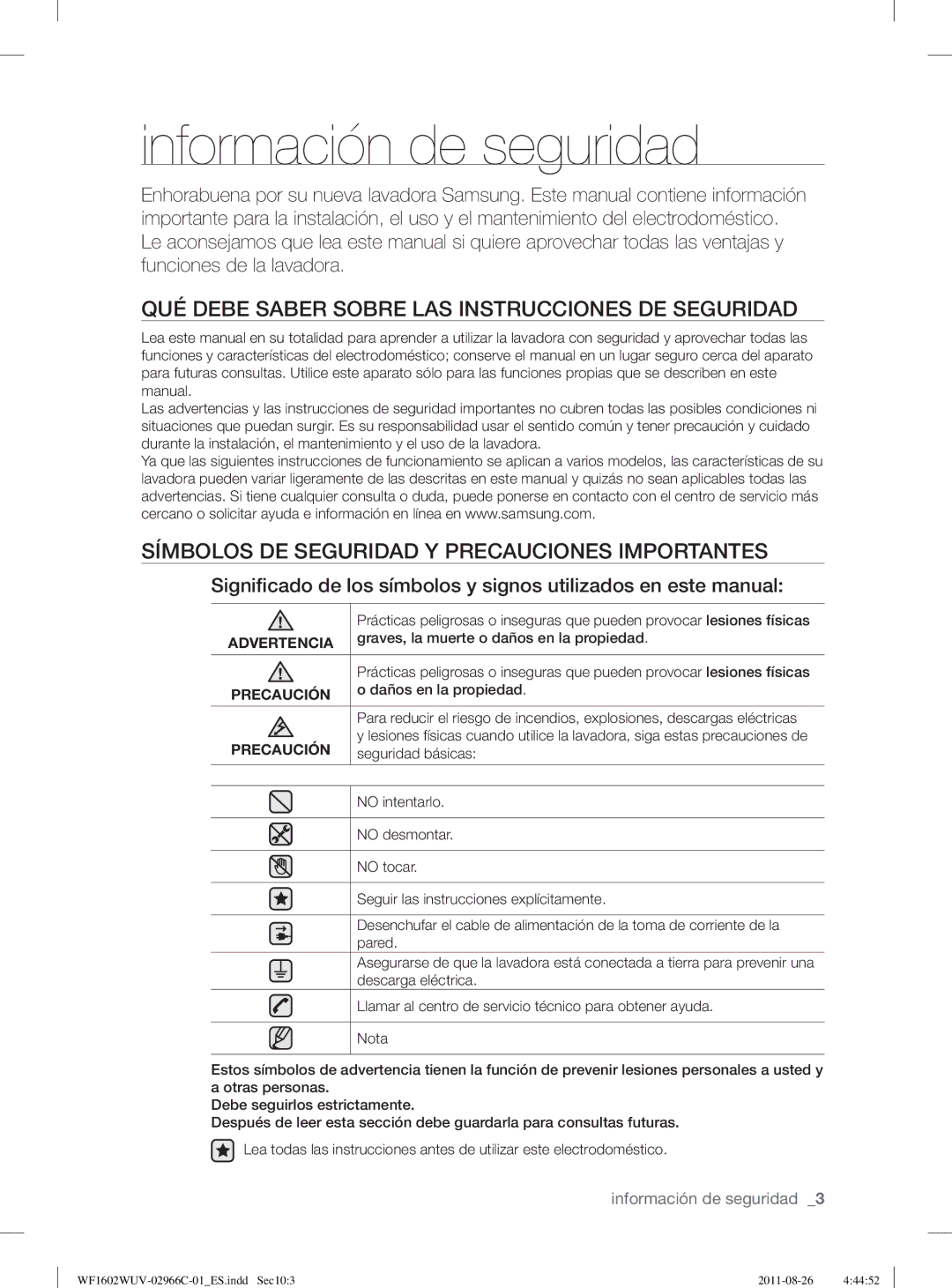 Samsung WF1602WUV/XEP, WF1602WUV/XEC manual Información de seguridad, QUÉ Debe Saber Sobre LAS Instrucciones DE Seguridad 