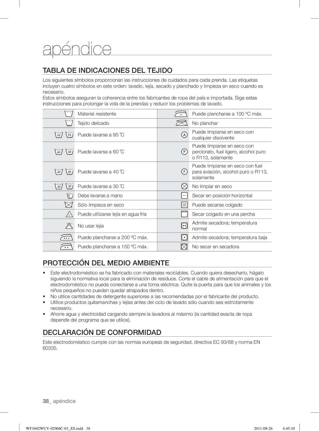 Samsung WF1602WUV/XEC, WF1602WUV/XEP manual Apéndice, Tabla DE Indicaciones DEL Tejido, Protección DEL Medio Ambiente 