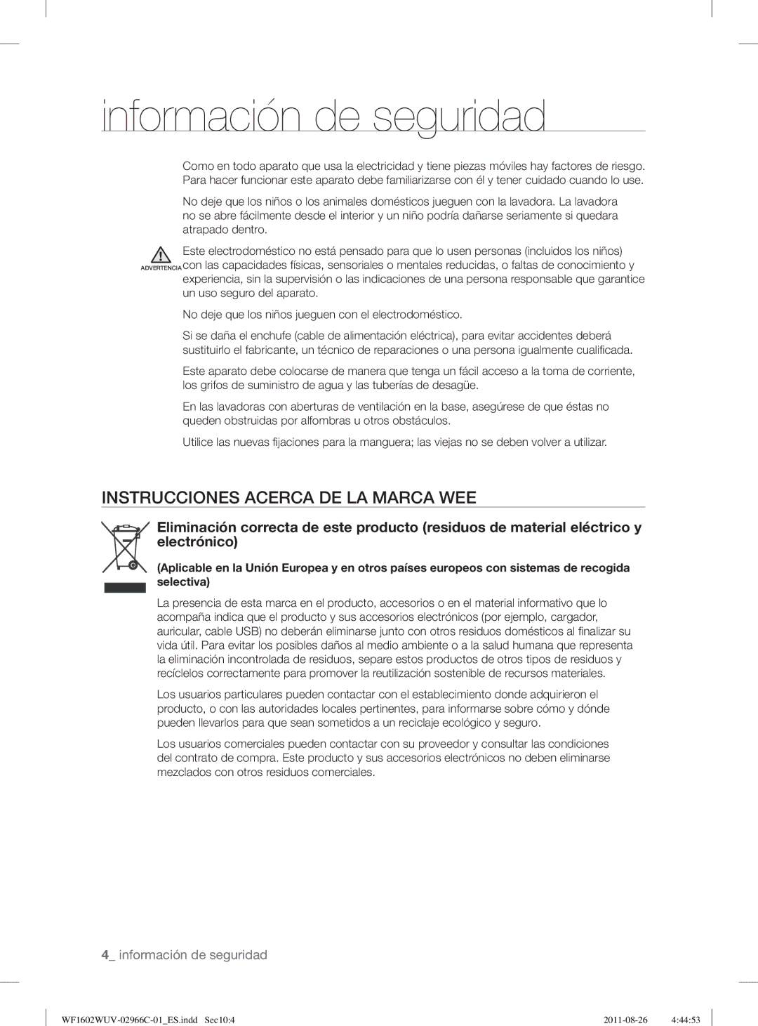 Samsung WF1602WUV/XEC, WF1602WUV/XEP manual Instrucciones Acerca DE LA Marca WEE 