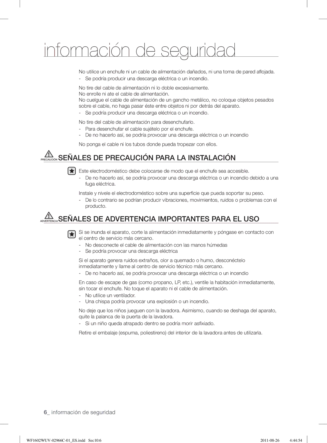 Samsung WF1602WUV/XEC, WF1602WUV/XEP manual Precaución Señales DE Precaución Para LA Instalación 