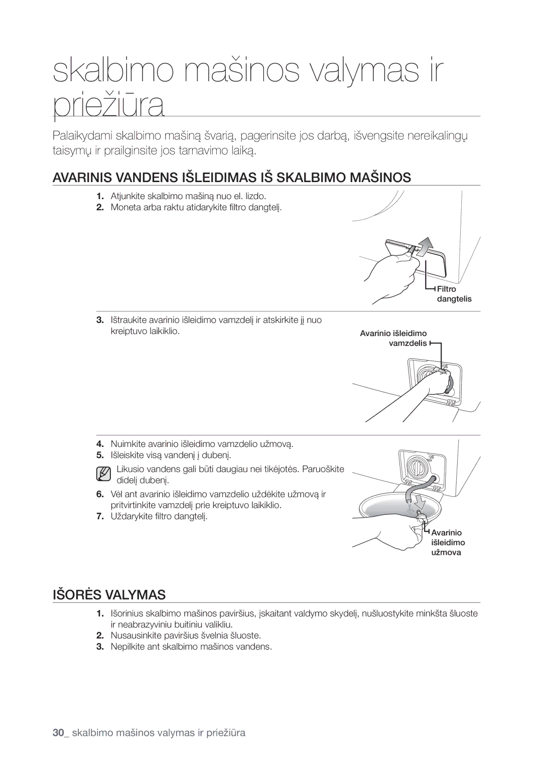 Samsung WF1602WUV/XEO manual Skalbimo mašinos valymas ir priežiūra, 73*/*47/%&/4*À-&*%*.4*À4,-#*.0.À*/04, À03Ą47-.4 