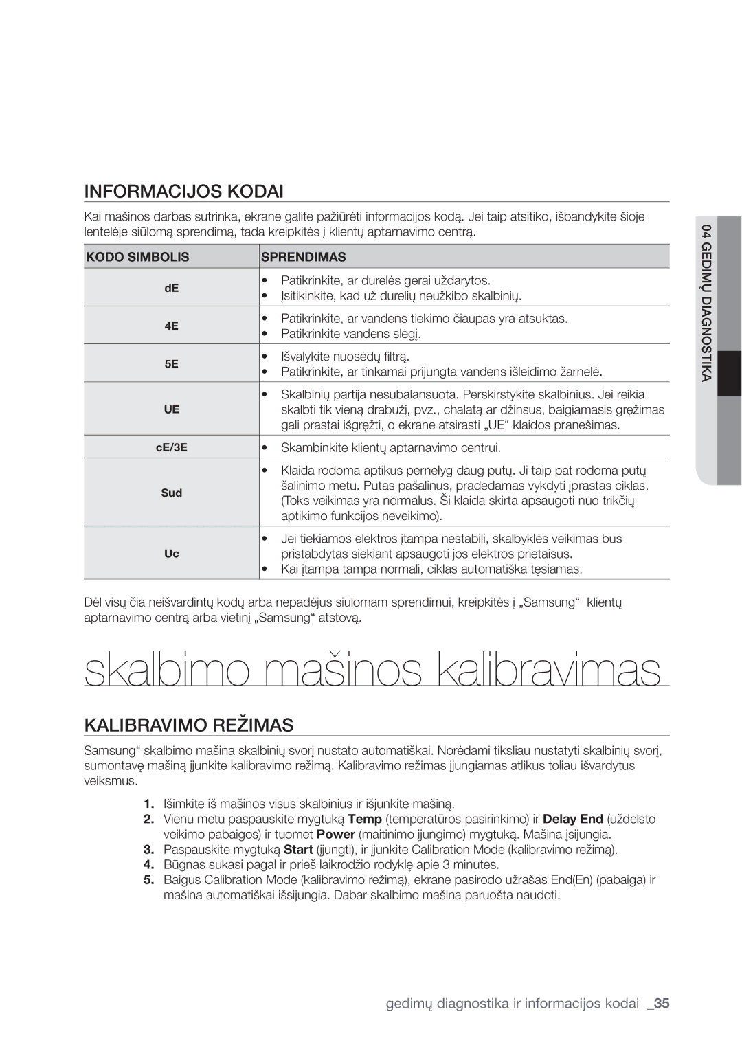 Samsung WF1602WUV/XEO manual 03.$*+04,0%, #37*.03&Ç*.4, Gedimų Diagnostika 