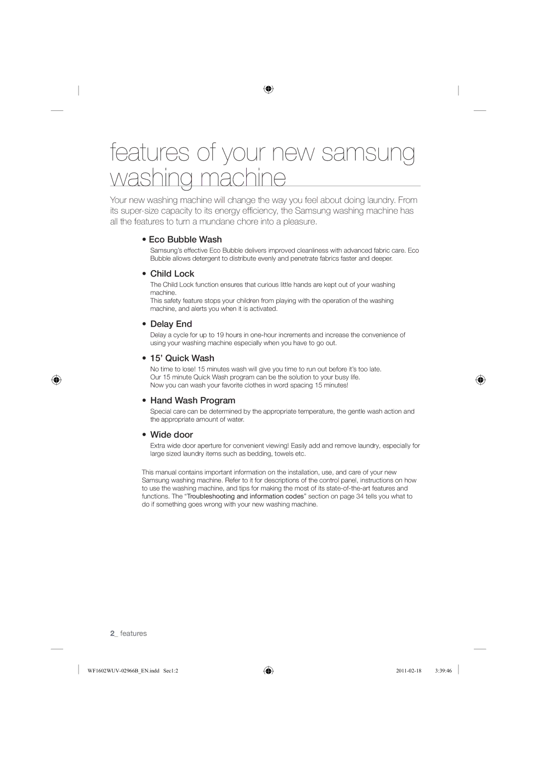 Samsung WF1602WUV/XEO manual Features of your new samsung washing machine 