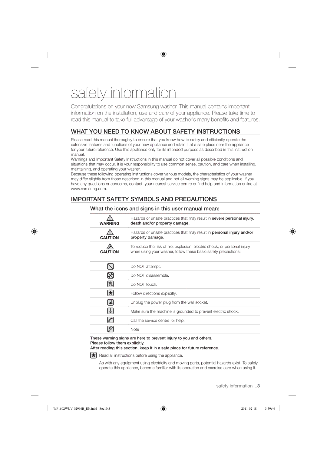 Samsung WF1602WUV/XEO manual Safety information 