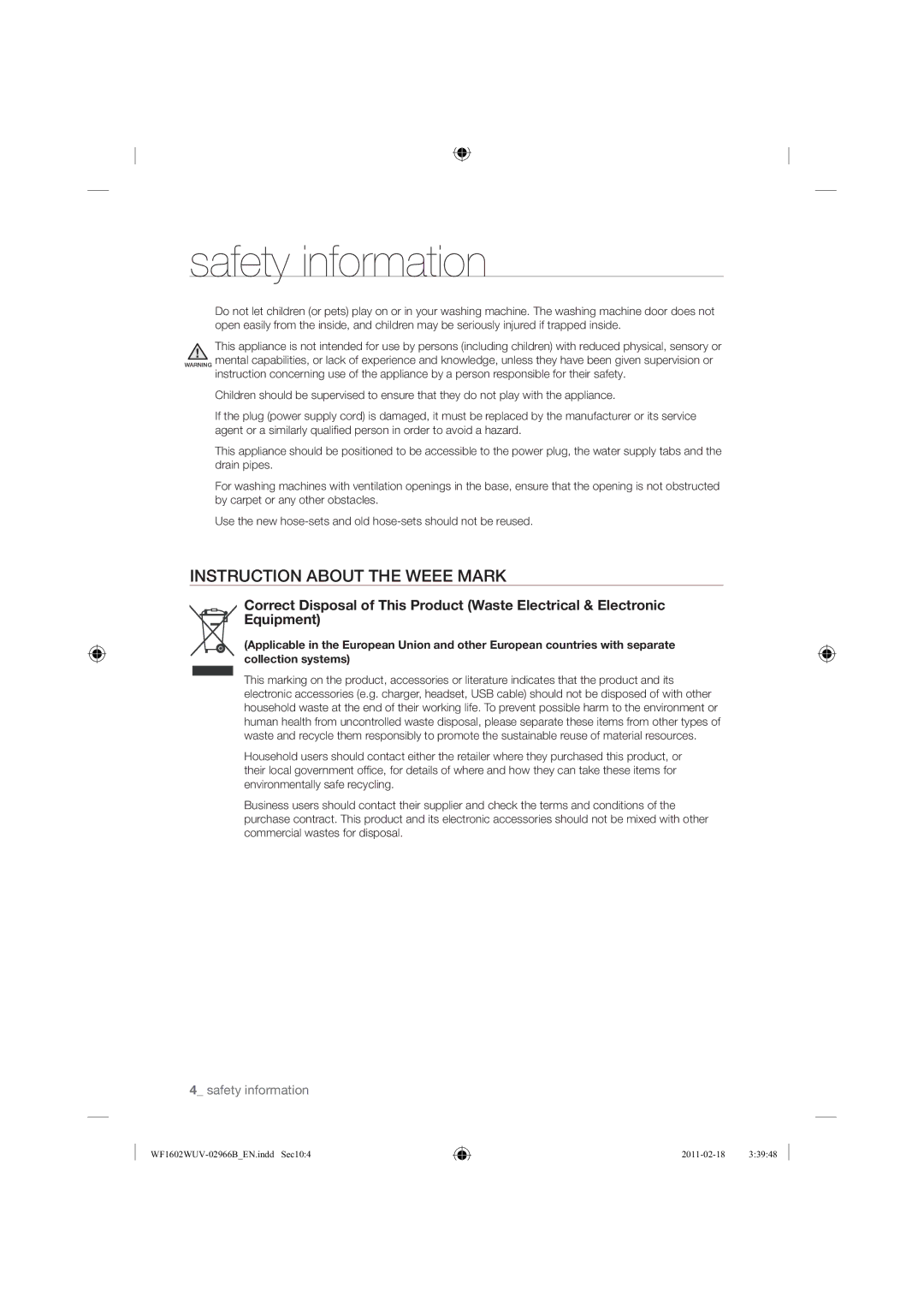 Samsung WF1602WUV/XEO manual Instruction about the Weee Mark 