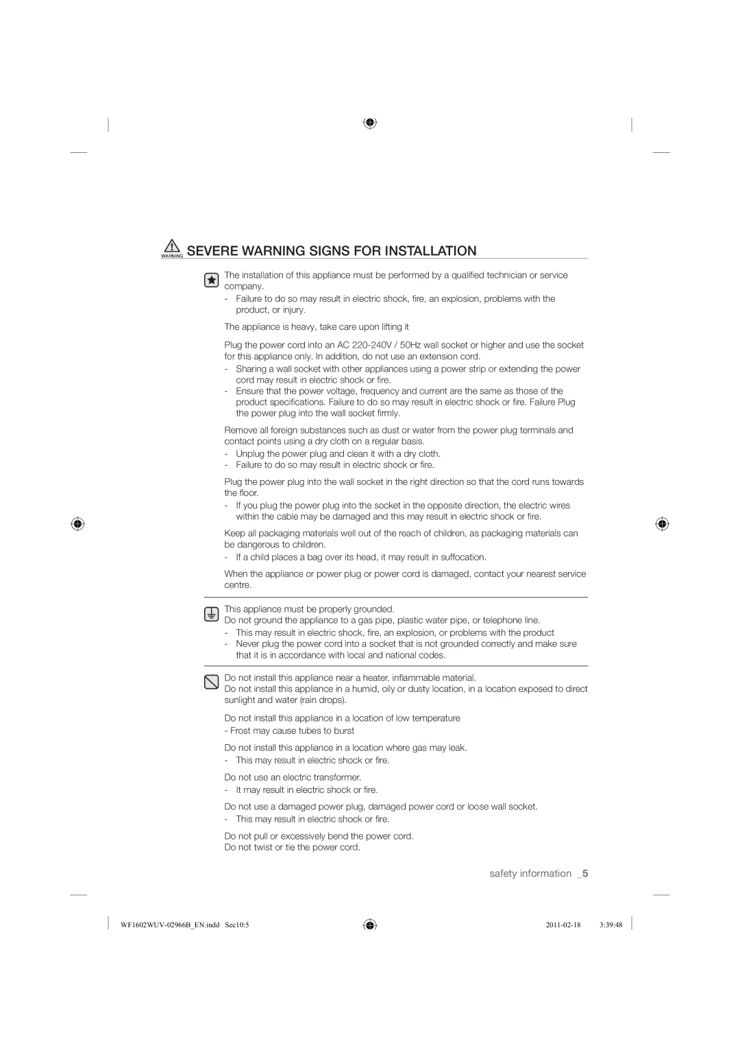 Samsung WF1602WUV/XEO manual WF1602WUV-02966BEN. INDDSEC105 2011-02-18 