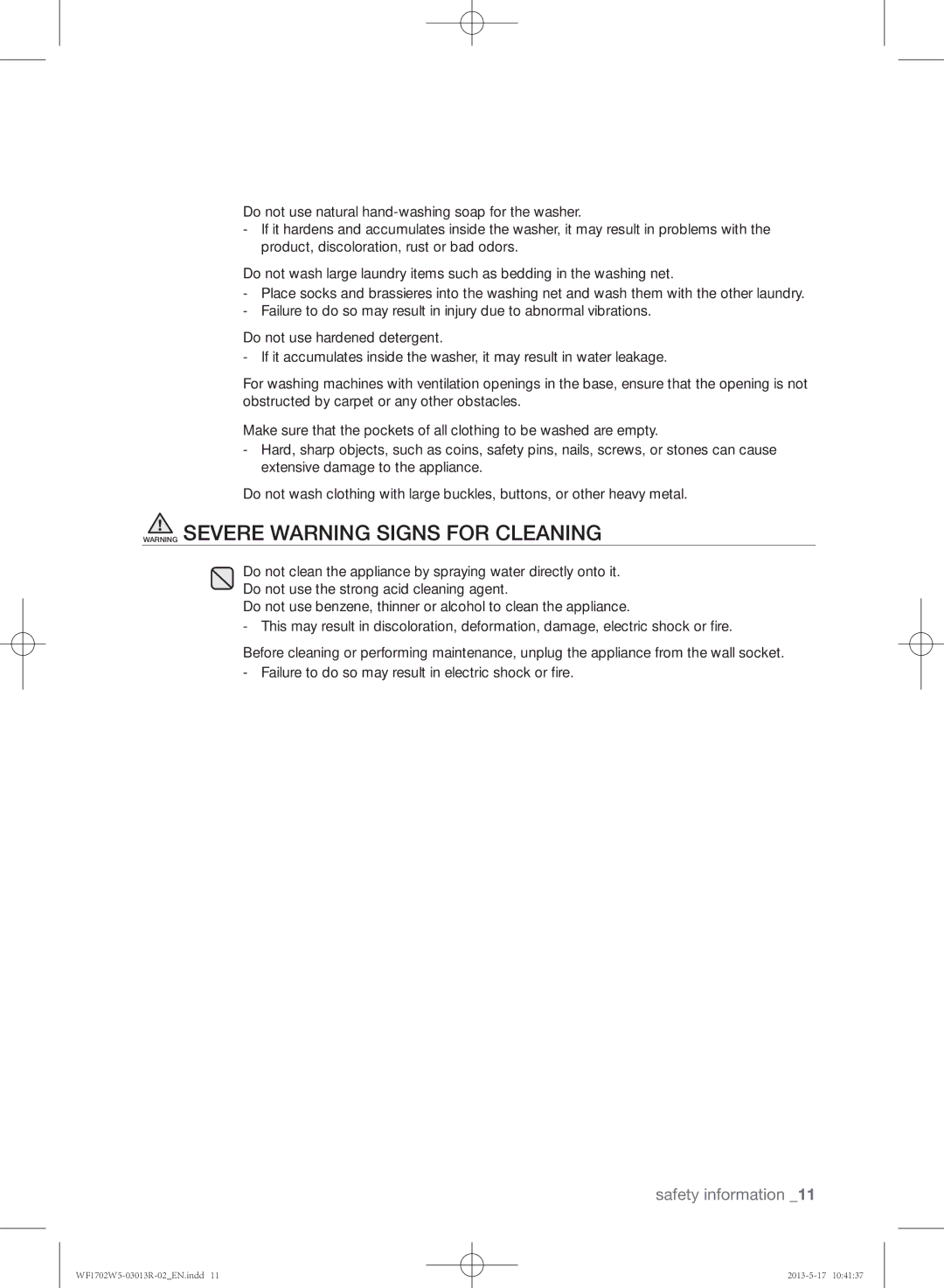 Samsung WF1702W5V/YKJ, WF1700W5V/YKJ manual Safety information 