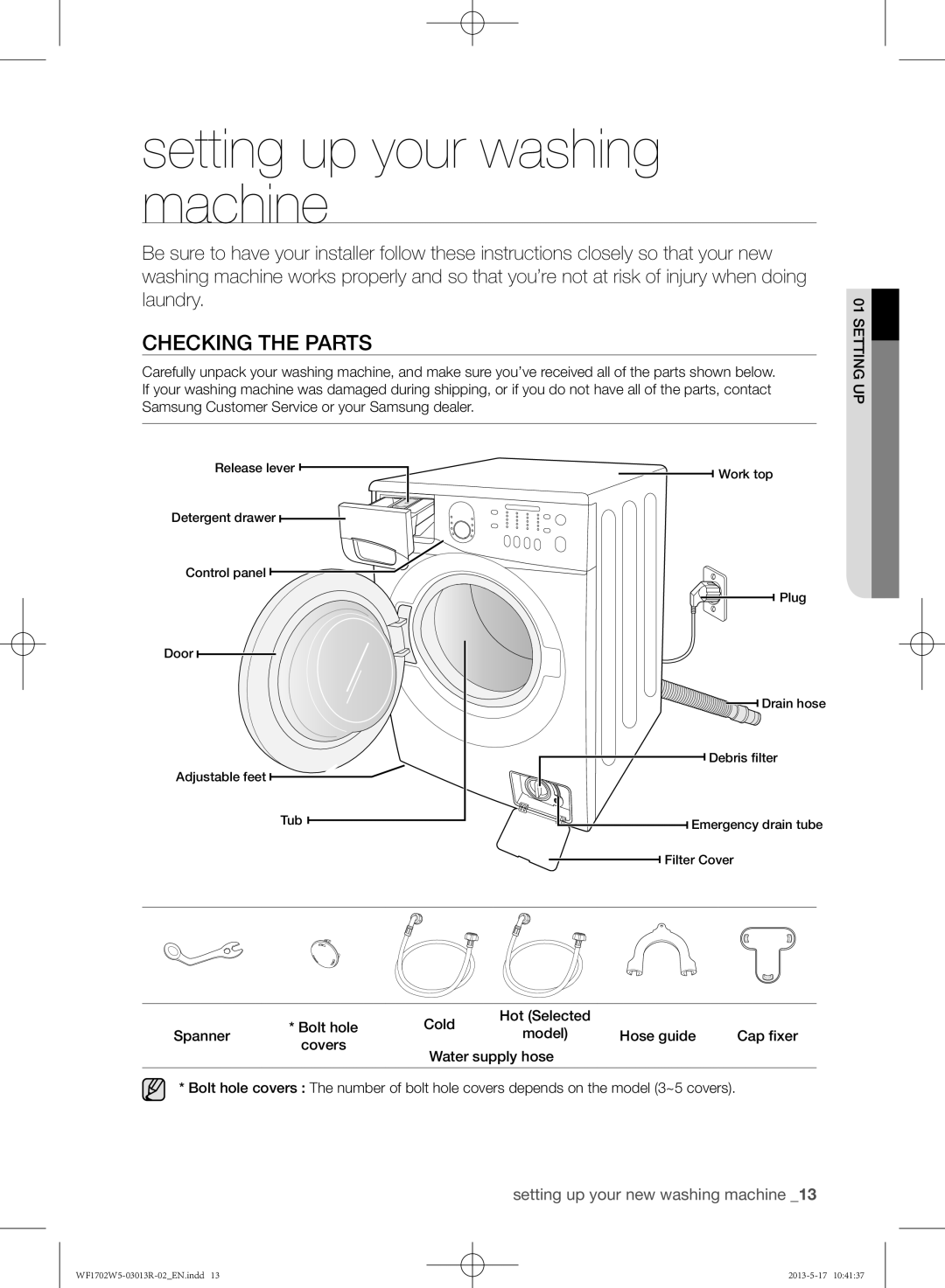 Samsung WF1702W5V/YKJ, WF1700W5V/YKJ manual Setting up your washing machine, Checking the parts 