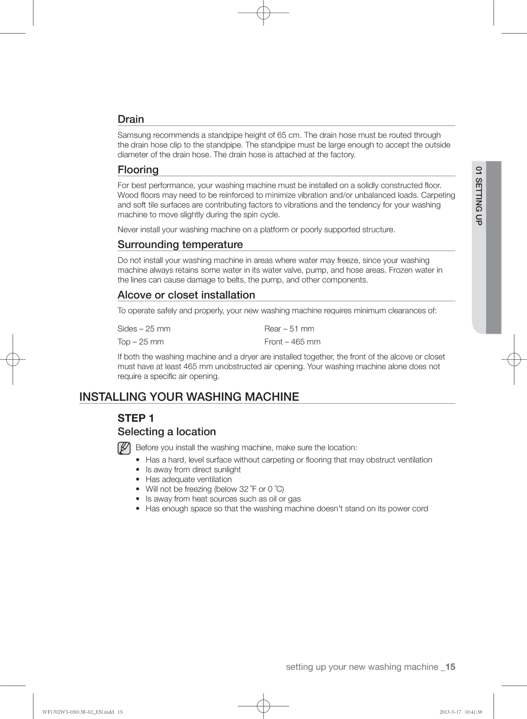 Samsung WF1702W5V/YKJ, WF1700W5V/YKJ manual Installing your washing machine 