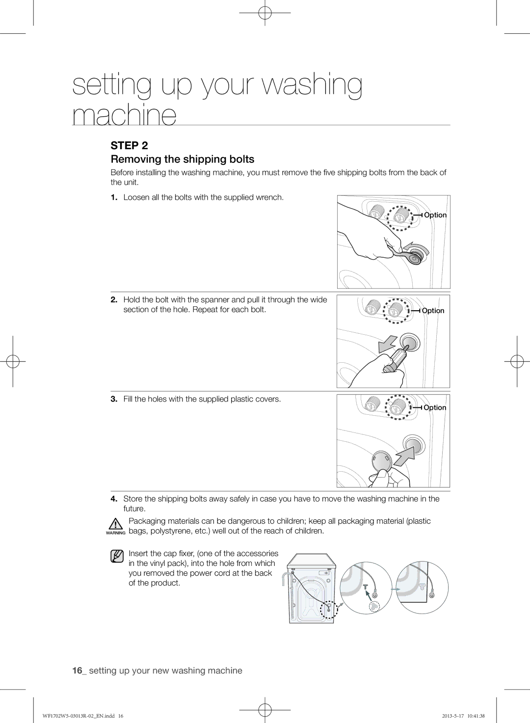 Samsung WF1700W5V/YKJ, WF1702W5V/YKJ manual Removing the shipping bolts 