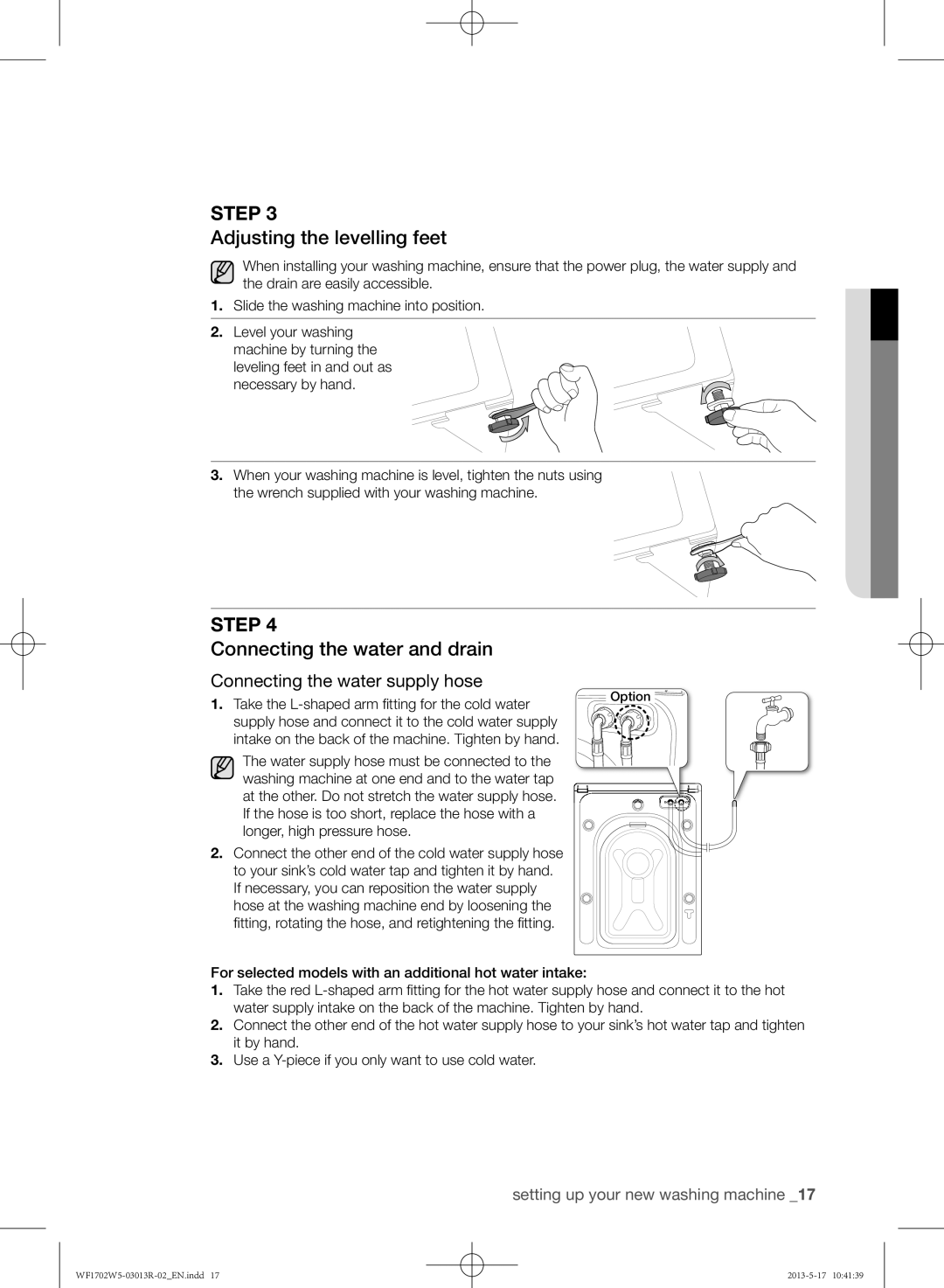 Samsung WF1702W5V/YKJ, WF1700W5V/YKJ manual Adjusting the levelling feet, Connecting the water and drain 