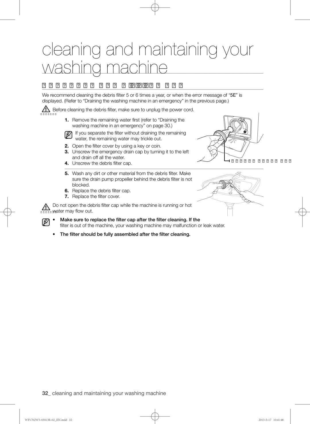 Samsung WF1700W5V/YKJ, WF1702W5V/YKJ manual Cleaning the debris filter 