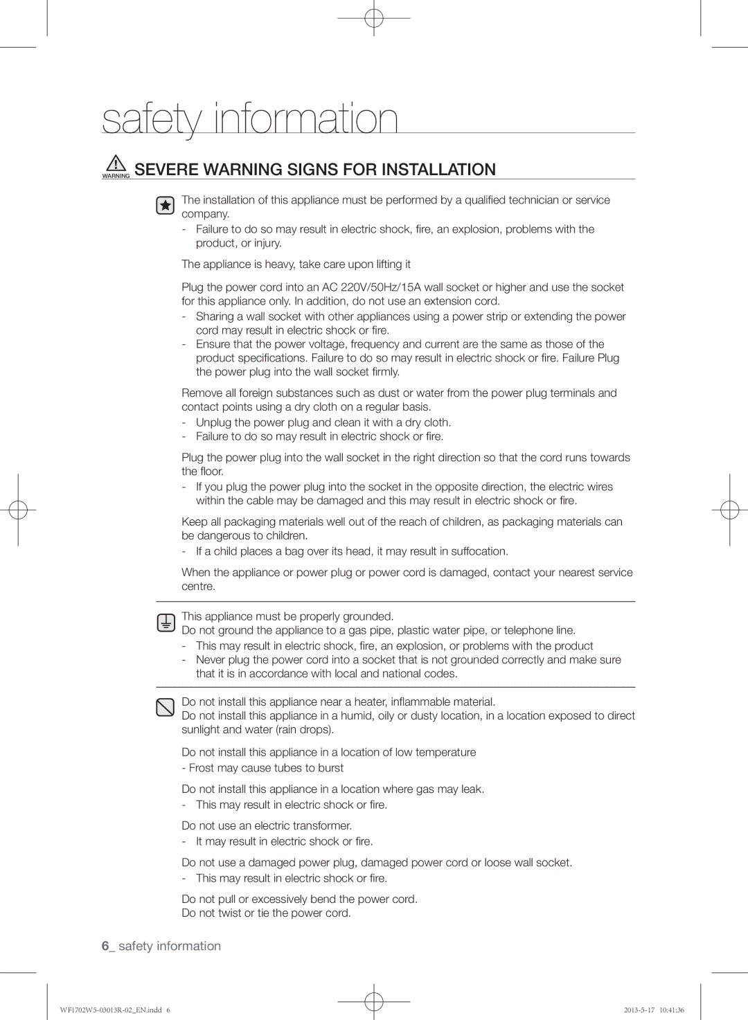 Samsung WF1700W5V/YKJ, WF1702W5V/YKJ manual Safety information 