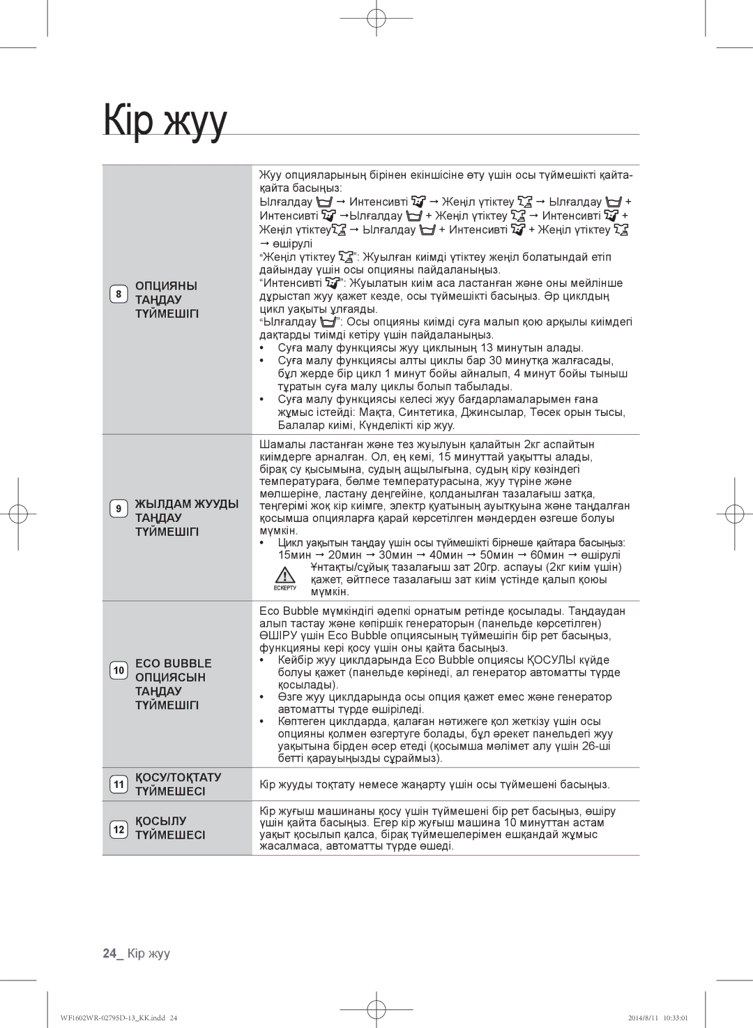 Samsung WF1600WRW/YLP, WF1700WRW/YLP, WF1602WRK/YLP manual 24 Кір жуу 