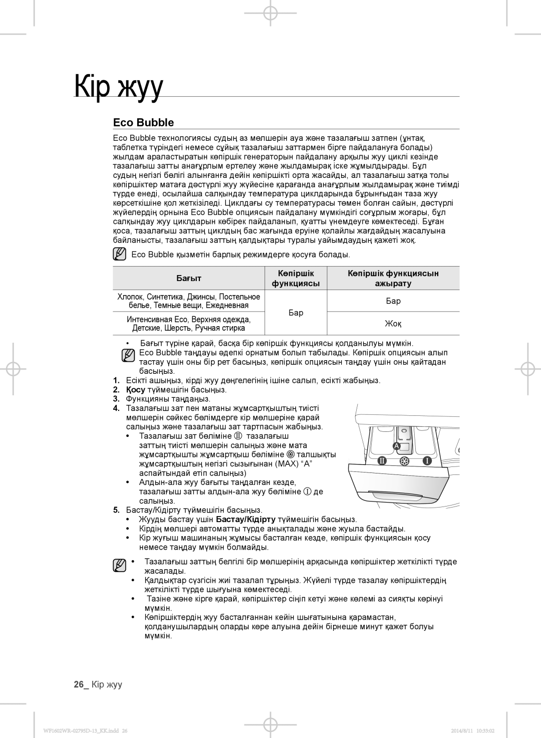 Samsung WF1700WRW/YLP, WF1600WRW/YLP manual 26 Кір жуу, Eco Bubble қызметін барлық режимдерге қосуға болады, Бар, Жоқ 