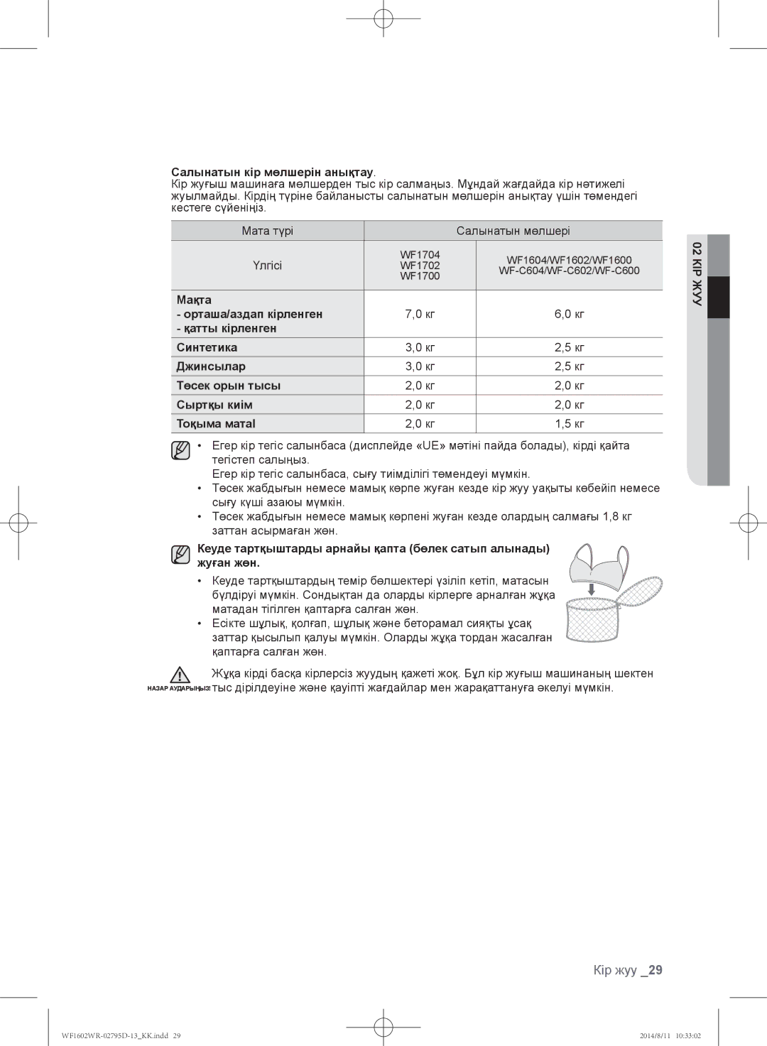 Samsung WF1700WRW/YLP, WF1600WRW/YLP, WF1602WRK/YLP manual Салынатын кір мөлшерін анықтау 