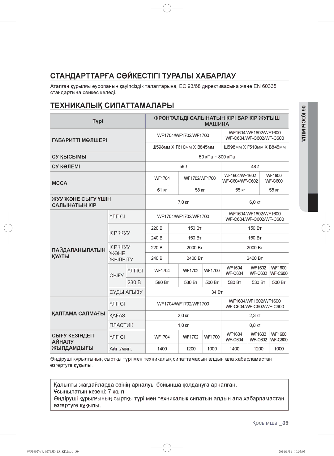 Samsung WF1600WRW/YLP, WF1700WRW/YLP manual Стандарттарға сәйкестігі туралы хабарлау, Техникалық сипаттамалары, Қосымша 