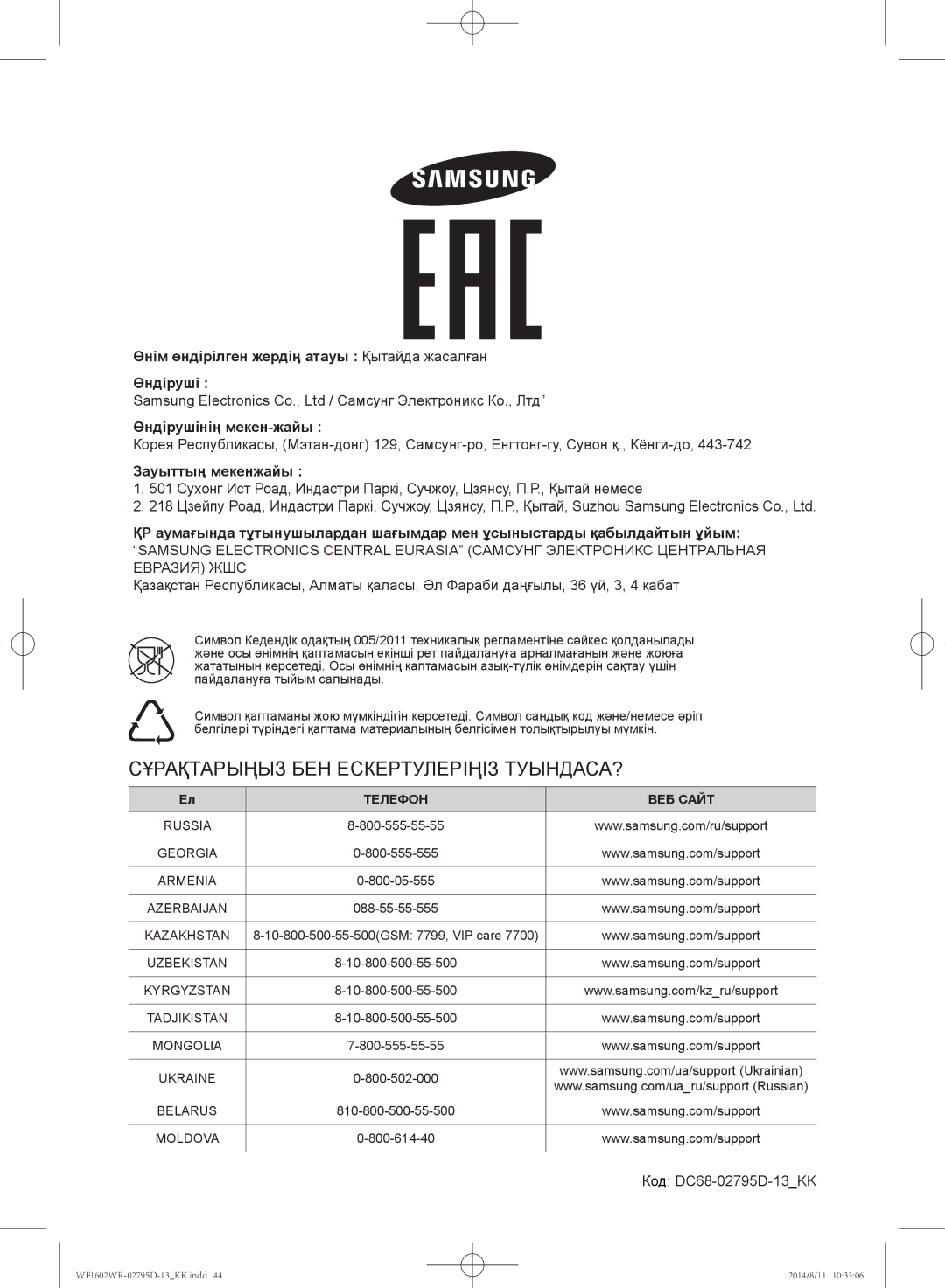 Samsung WF1700WRW/YLP, WF1600WRW/YLP, WF1602WRK/YLP manual Зауыттың мекенжайы, Код DC68-02795D-13KK 