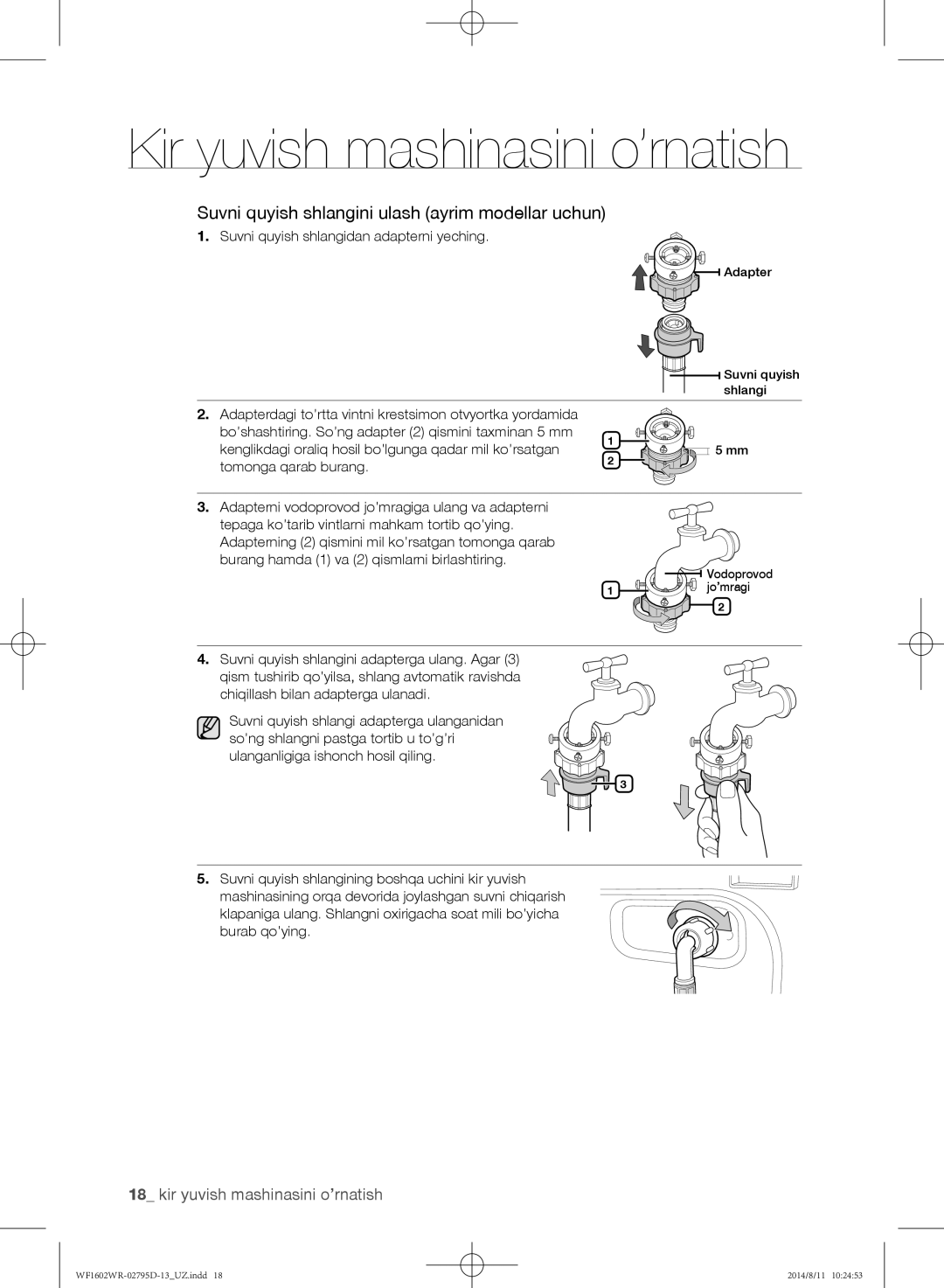 Samsung WF1700WRW/YLP manual Suvni quyish shlangini ulash ayrim modellar uchun, Suvni quyish shlangidan adapterni yeching 