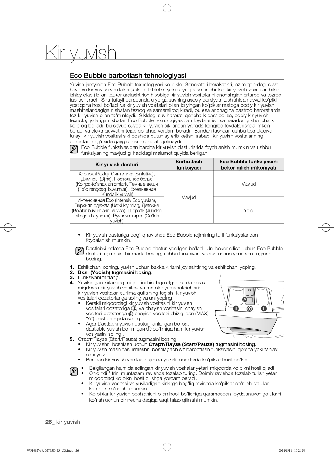 Samsung WF1602WRK/YLP manual Eco Bubble barbotlash tehnologiyasi, Kir yuvish dasturi Barbotlash Eco Bubble funksiyasini 