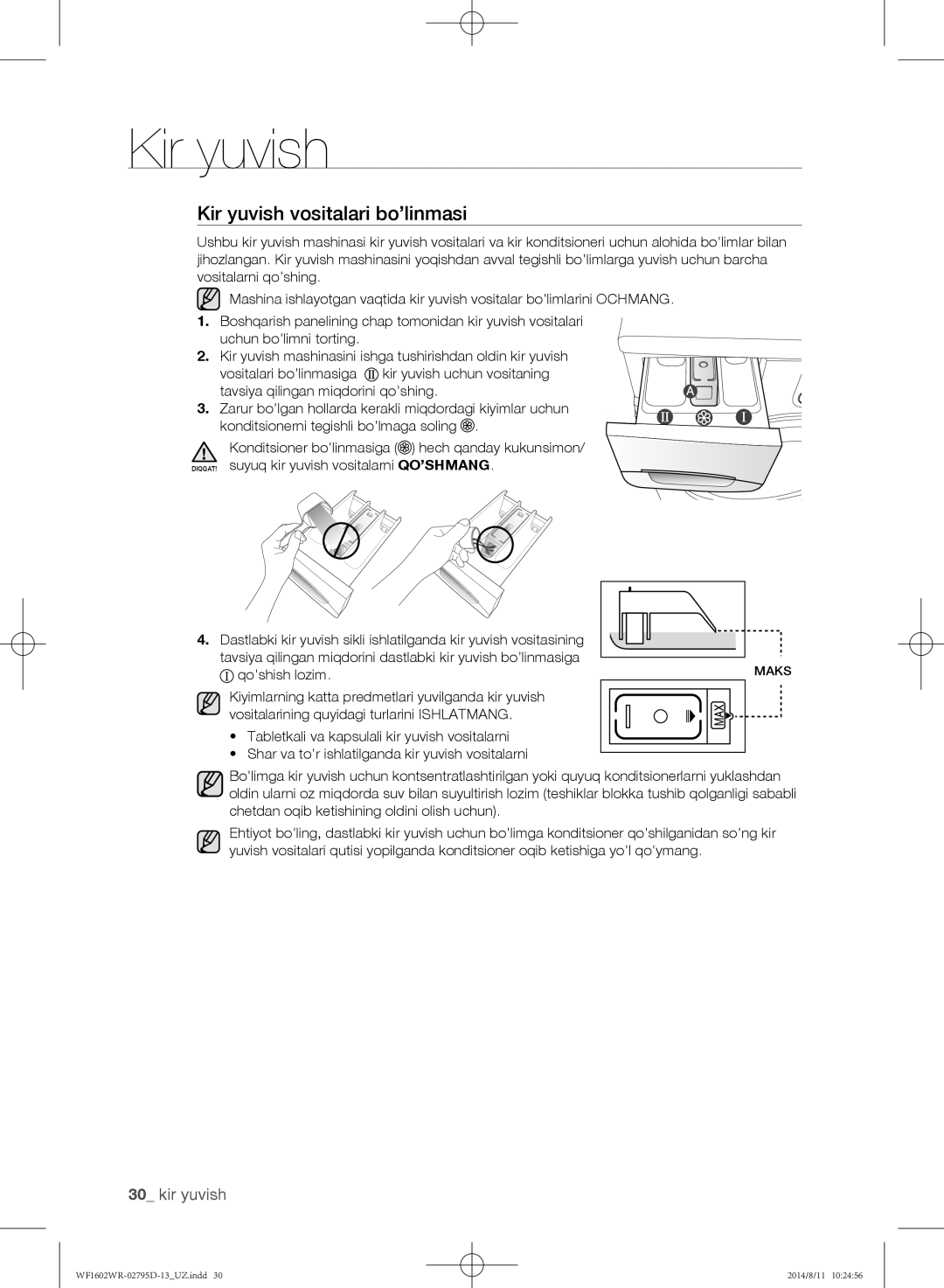 Samsung WF1700WRW/YLP, WF1600WRW/YLP, WF1602WRK/YLP manual Kir yuvish vositalari bo’linmasi, Qo’shish lozim 