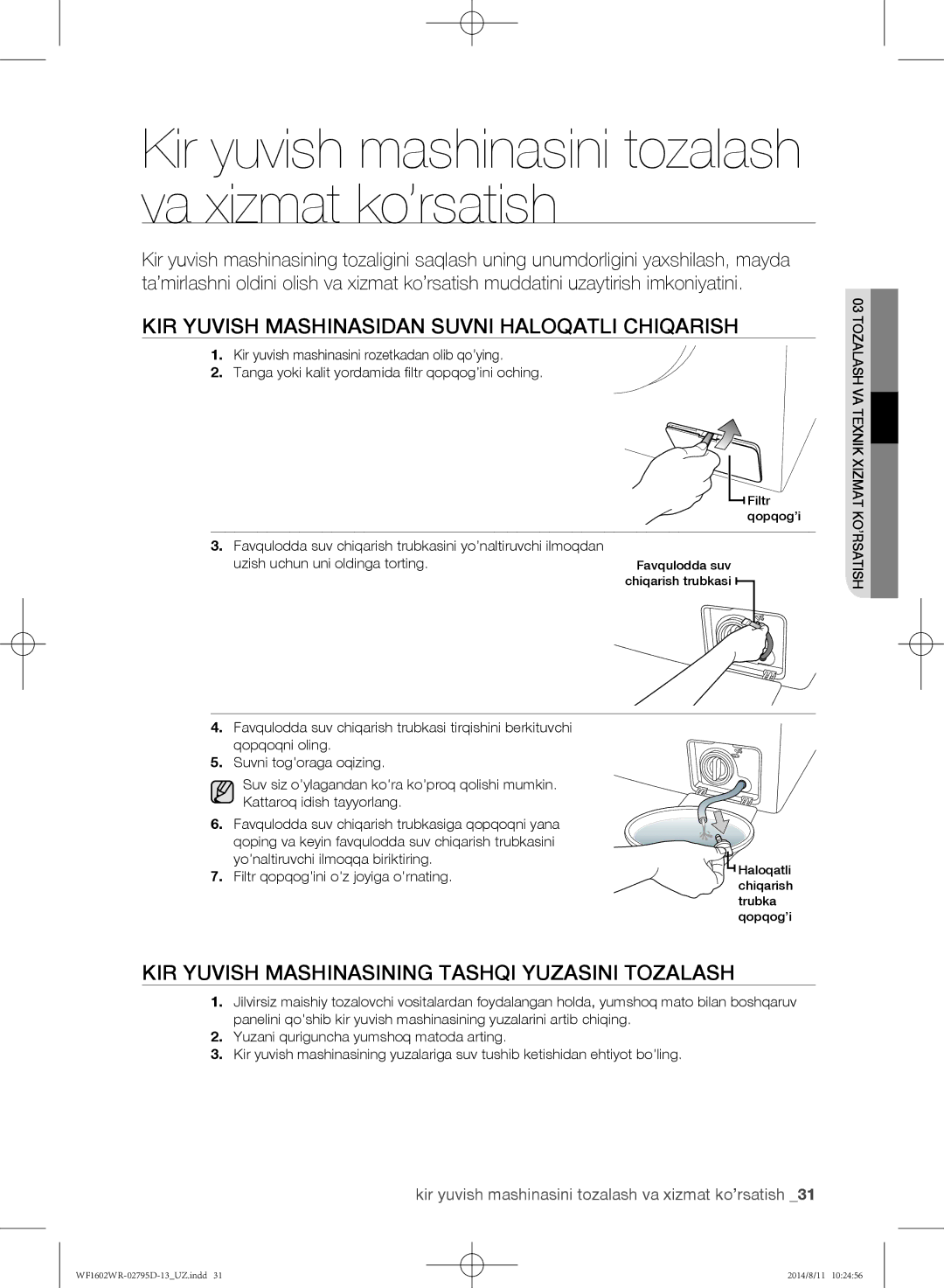 Samsung WF1600WRW/YLP Kir yuvish mashinasidan suvni haloqatli chiqarish, Kir yuvish mashinasining tashqi yuzasini tozalash 