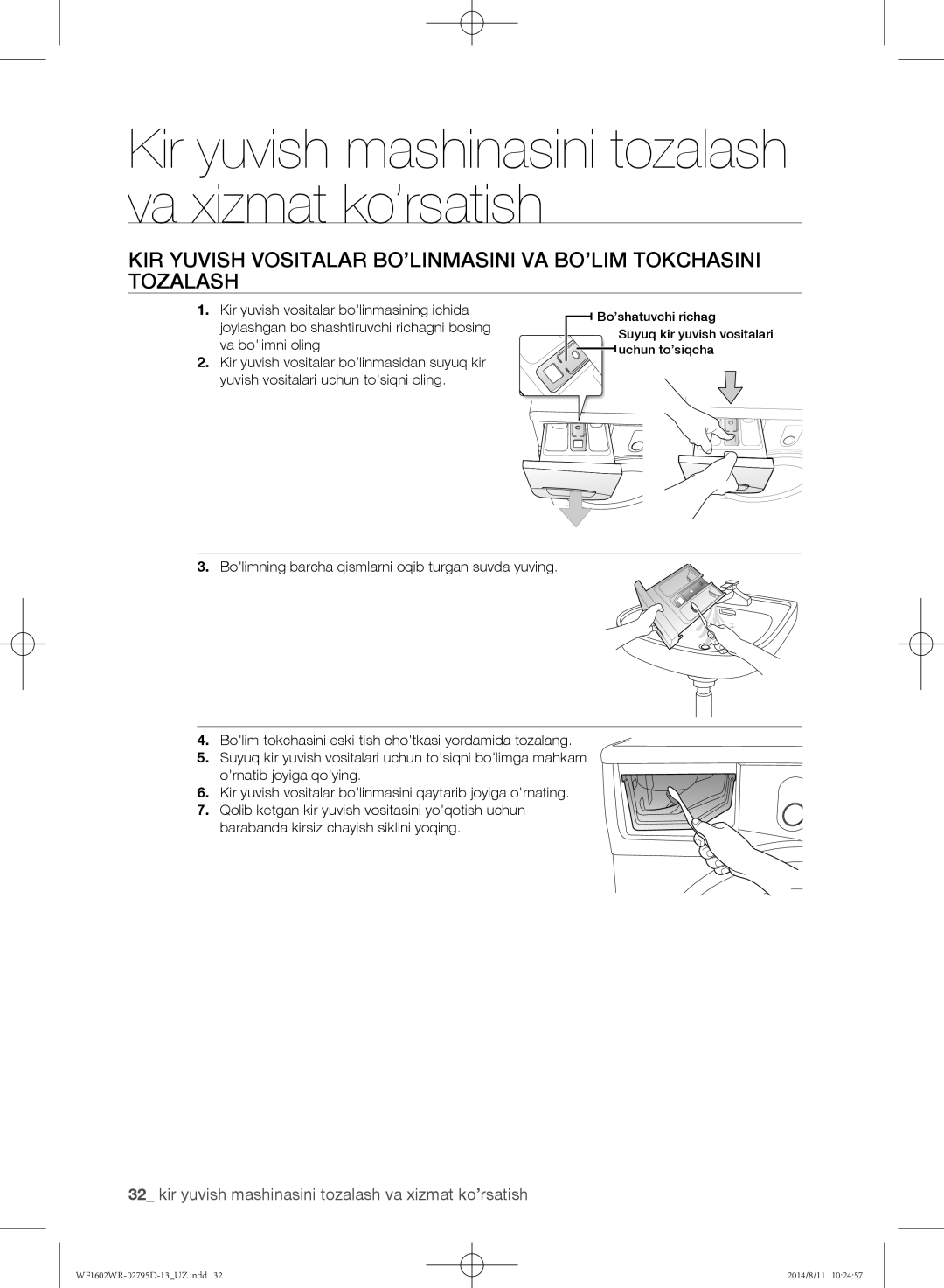 Samsung WF1602WRK/YLP, WF1700WRW/YLP, WF1600WRW/YLP manual Kir yuvish mashinasini tozalash va xizmat ko’rsatish 