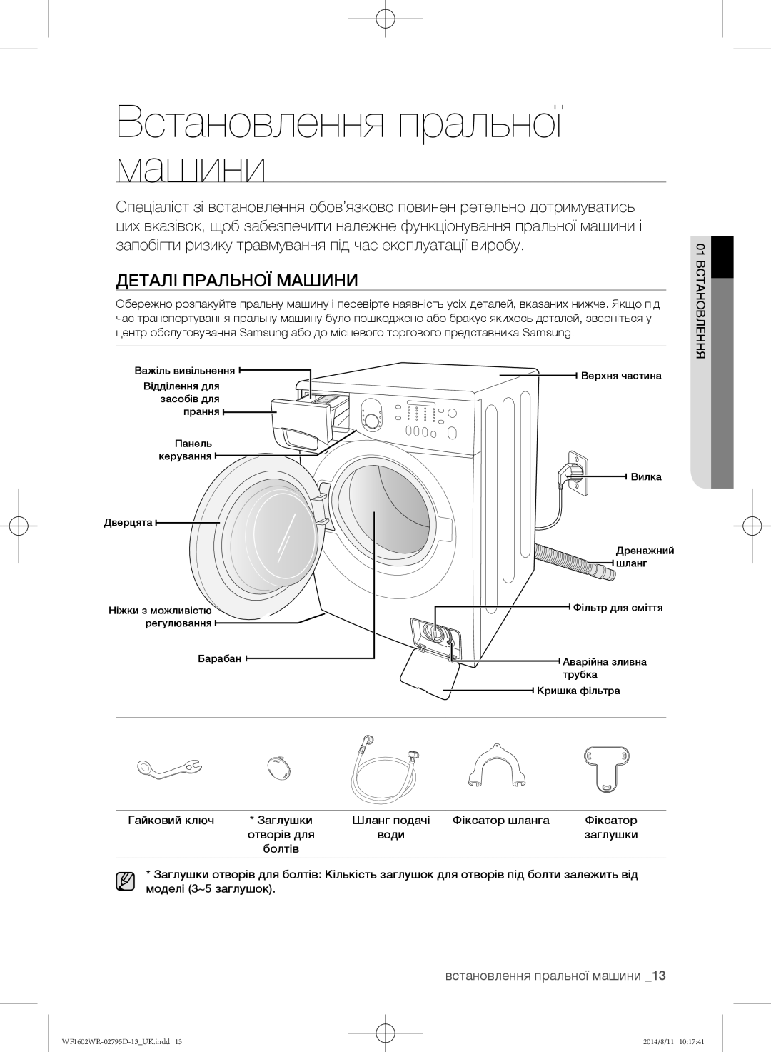 Samsung WF1700WRW/YLP, WF1600WRW/YLP, WF1602WRK/YLP manual Встановлення пральної машини, Деталі пральної машини 