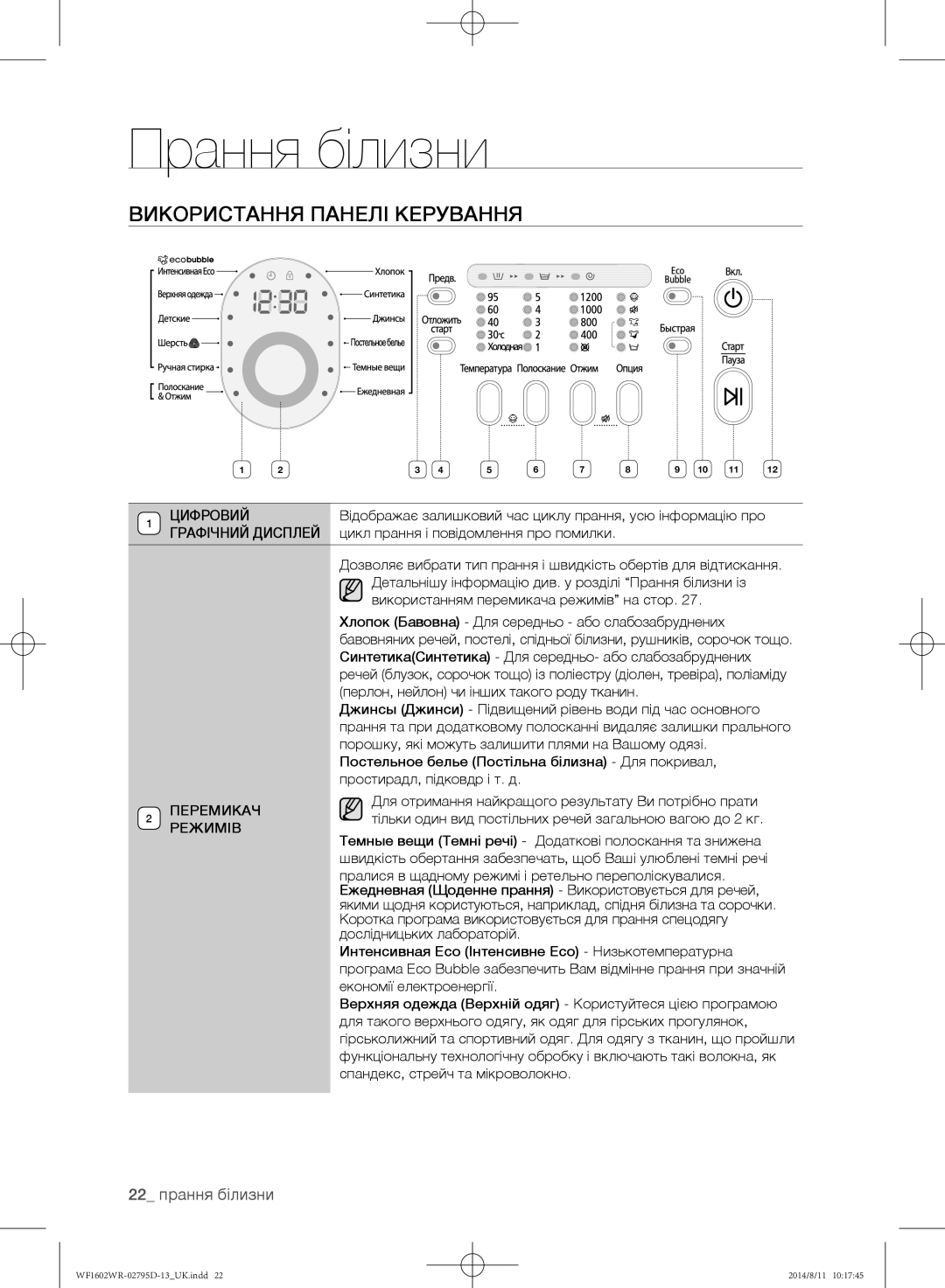 Samsung WF1700WRW/YLP manual Використання панелі керування, 22 прання білизни, Цикл прання і повідомлення про помилки 