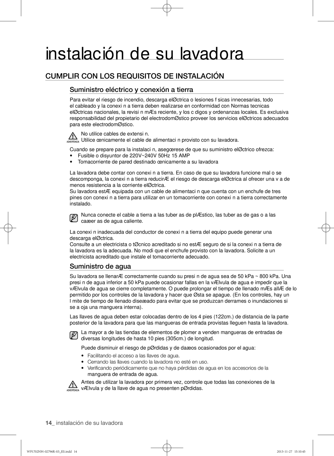 Samsung WF1602NHW/XEC, WF1702NHWG/XEC Cumplir con los requisitos de instalación, Suministro eléctrico y conexión a tierra 