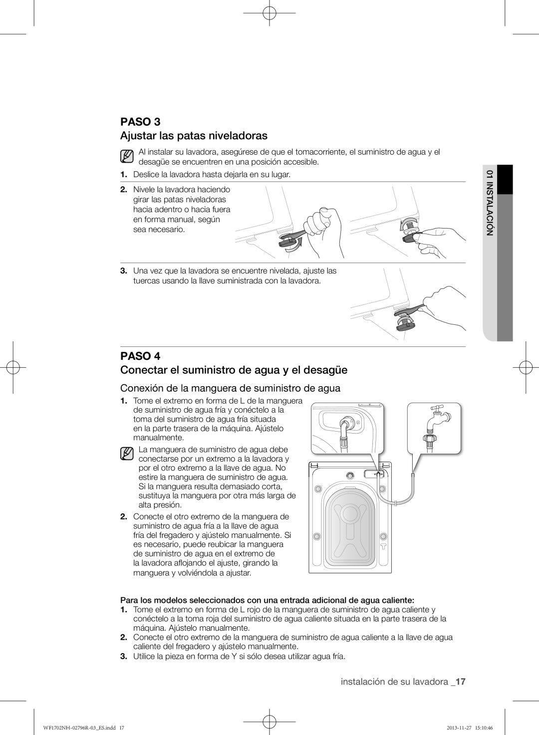 Samsung WF1602NHW/XEC manual Ajustar las patas niveladoras, Conectar el suministro de agua y el desagüe, Ión Instalac 