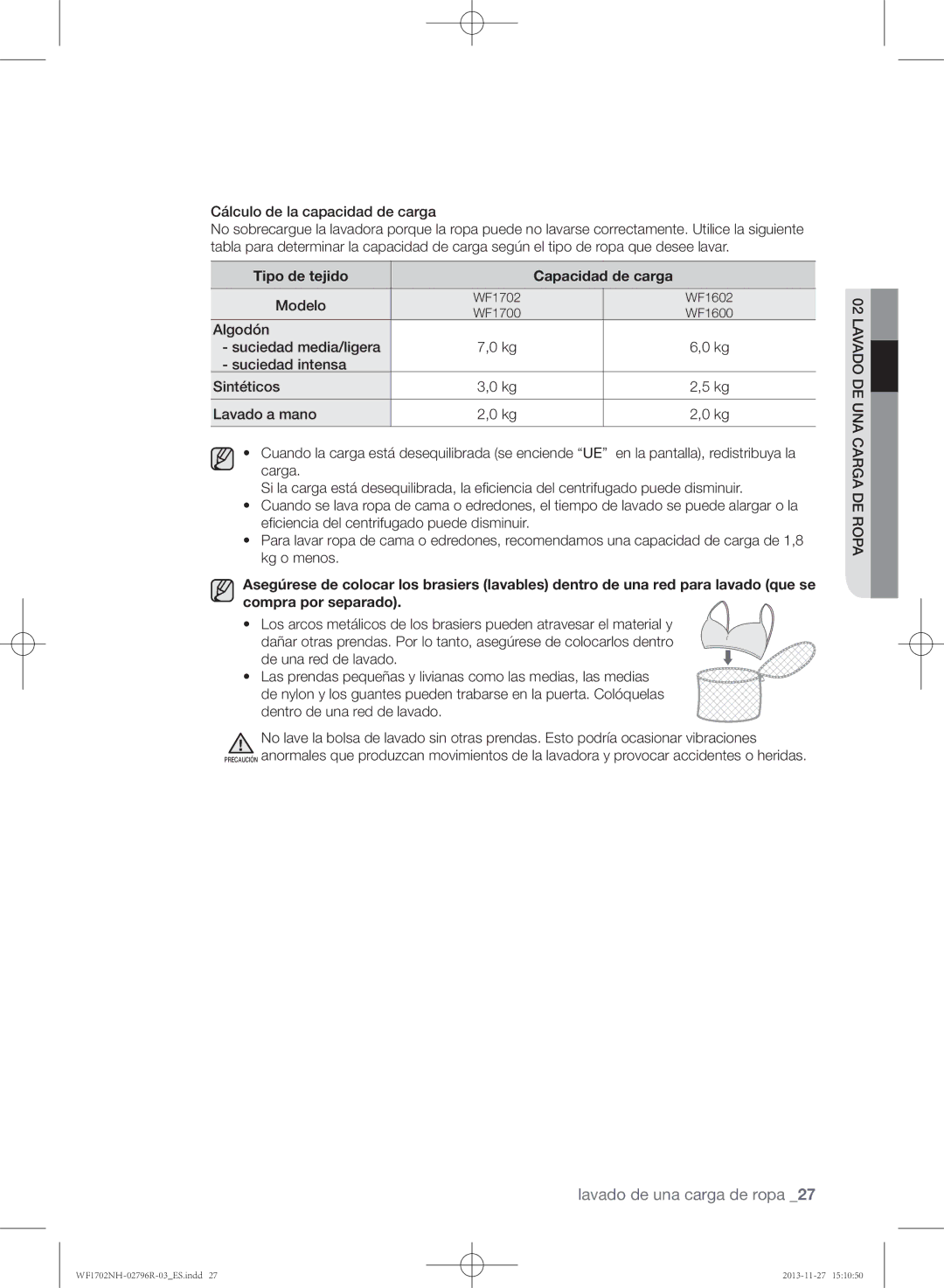 Samsung WF1702NHWG/XEC manual Cálculo de la capacidad de carga, Modelo, De una red de lavado, Dentro de una red de lavado 