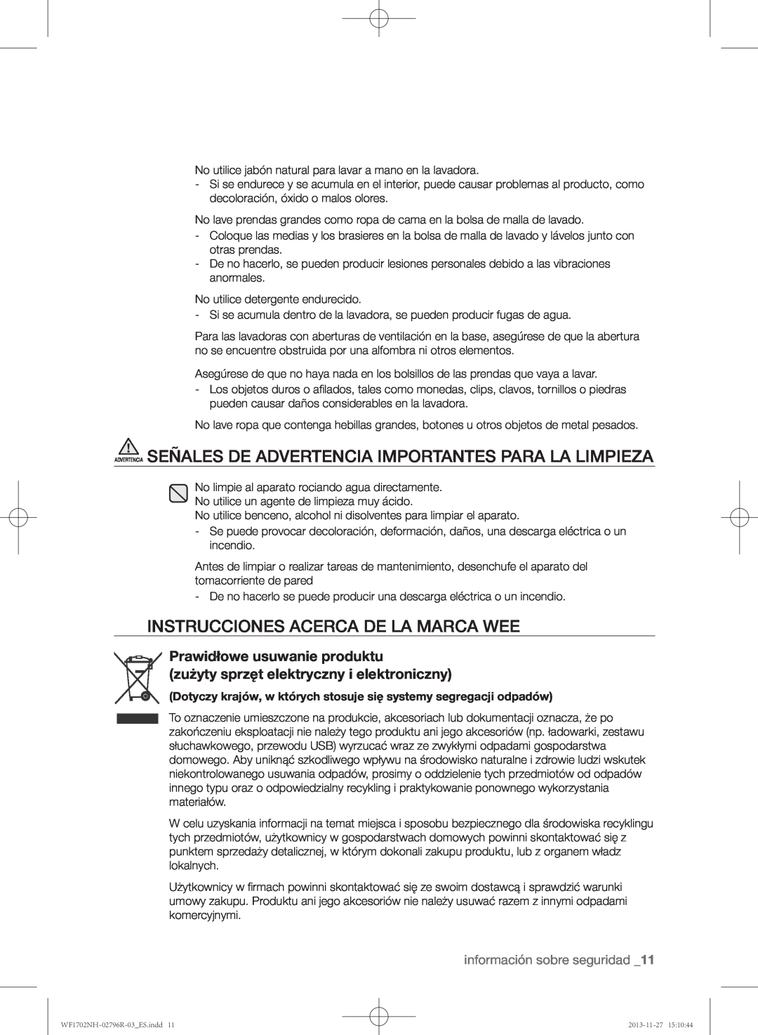 Samsung WF1602NHW/XEC manual Advertencia Señales De Advertencia Importantes Para La Limpieza, Prawidłowe usuwanie produktu 