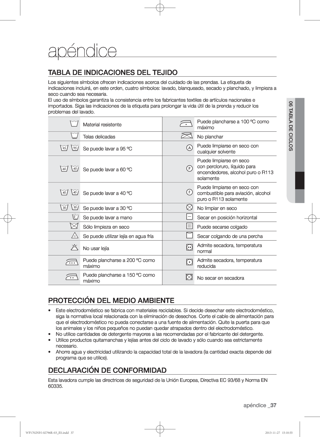 Samsung WF1702NHW/XEC, WF1702NHWG/XEC manual apéndice, Tabla de indicaciones del tejido, Protección del medio ambiente 