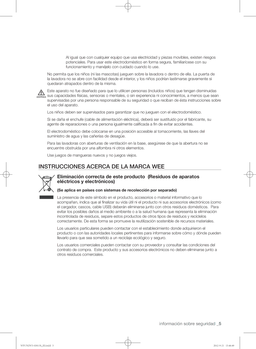 Samsung WF1702W5V/XEC manual Instrucciones Acerca DE LA Marca WEE 