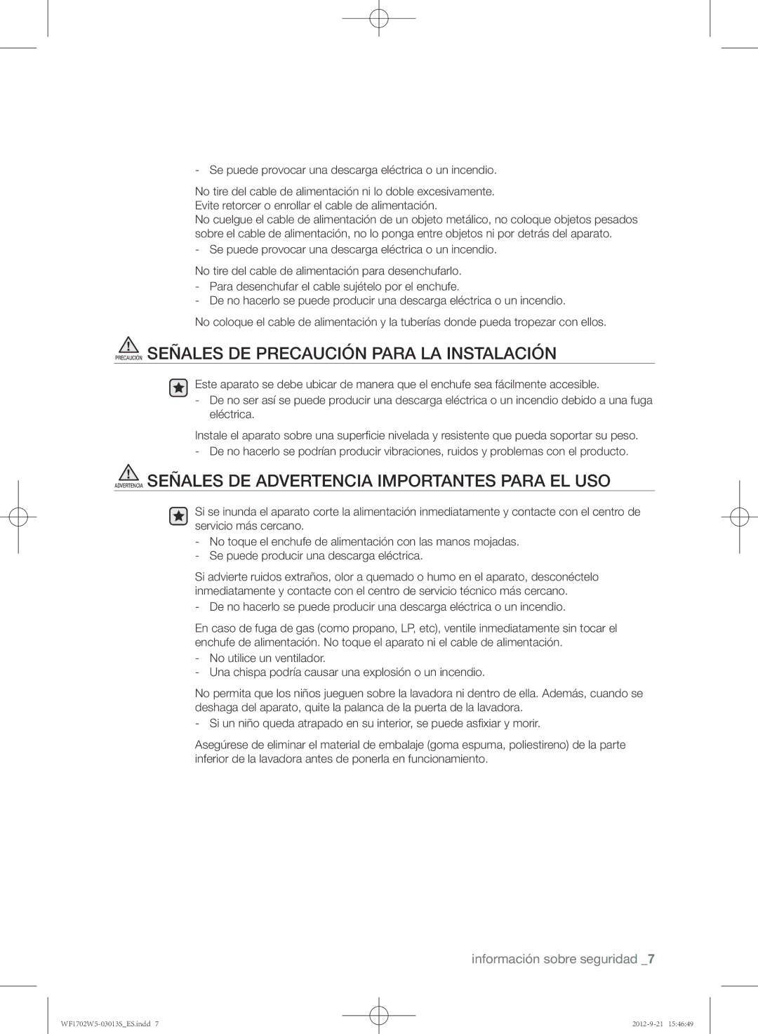 Samsung WF1702W5V/XEC manual Precaución Señales DE Precaución Para LA Instalación 