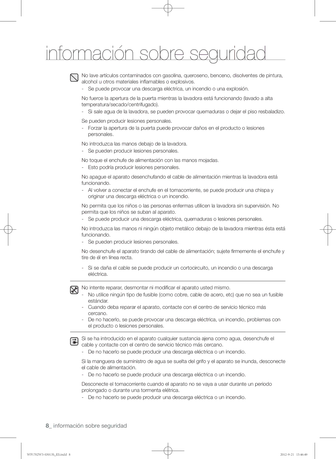 Samsung WF1702W5V/XEC manual Información sobre seguridad 