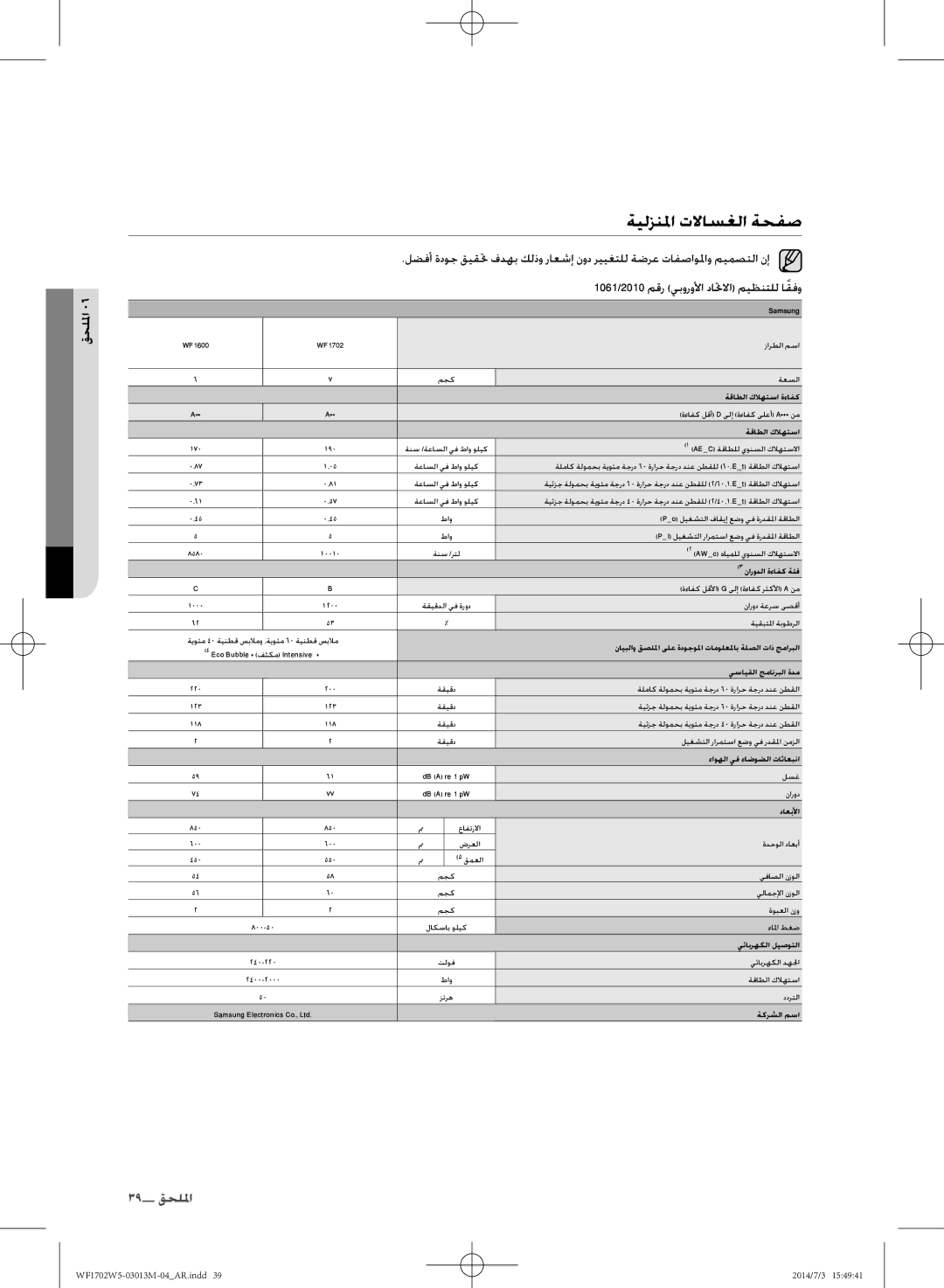 Samsung WF1702W5S/YLO, WF1702W5W/YLO manual ةيلزنلا تلااسغلا ةحفص, 1061/2010 مقر يبورولأا داتحلاا ميظنتلل اقفوً 