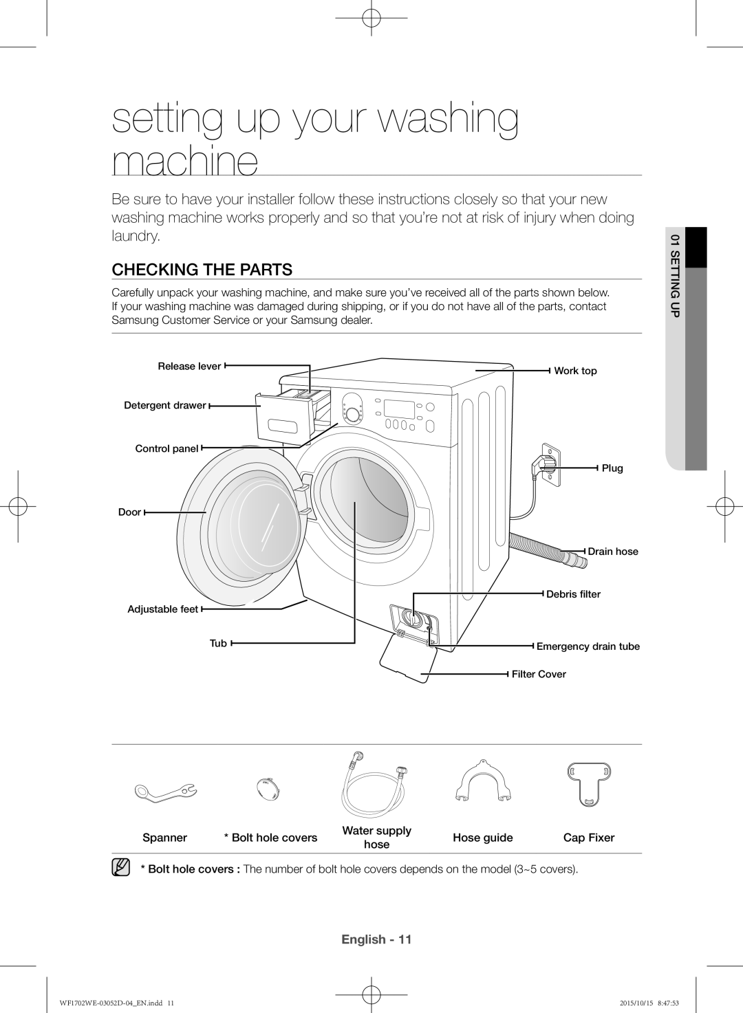 Samsung WF1702WEC/YKJ manual Setting up your washing machine, Checking the parts 