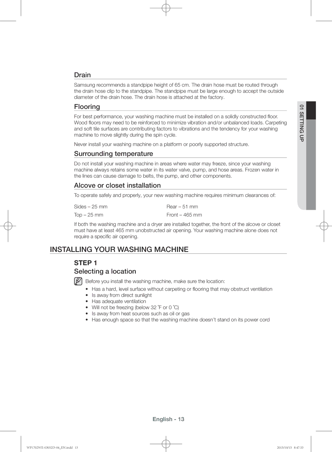 Samsung WF1702WEC/YKJ manual Installing your washing machine 