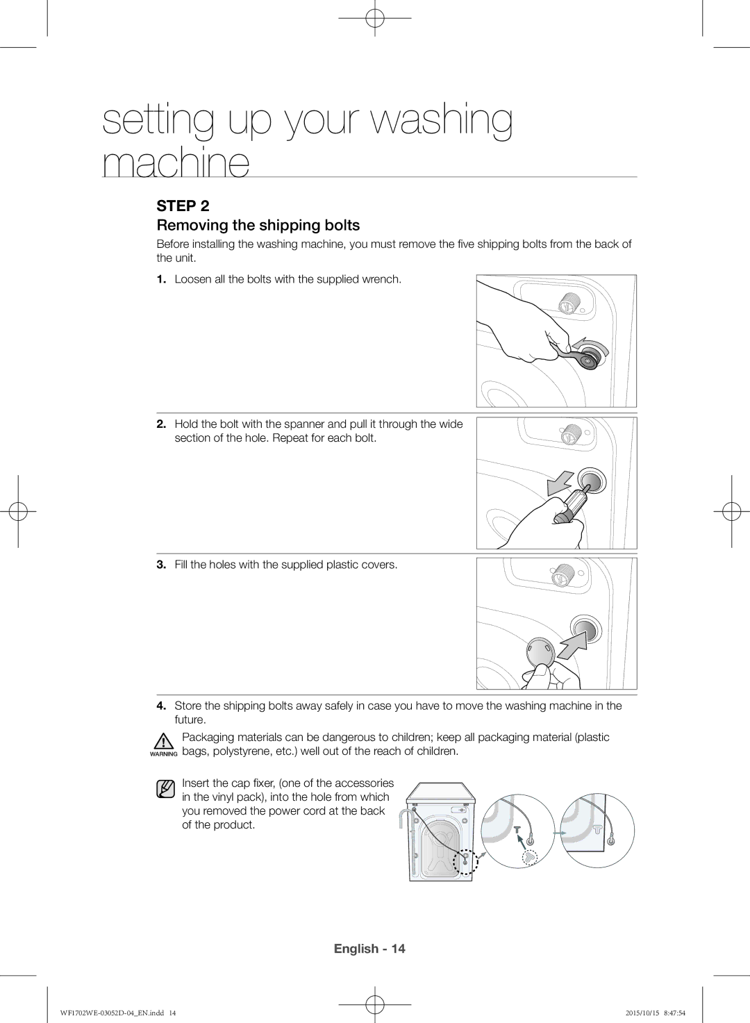 Samsung WF1702WEC/YKJ manual Removing the shipping bolts 