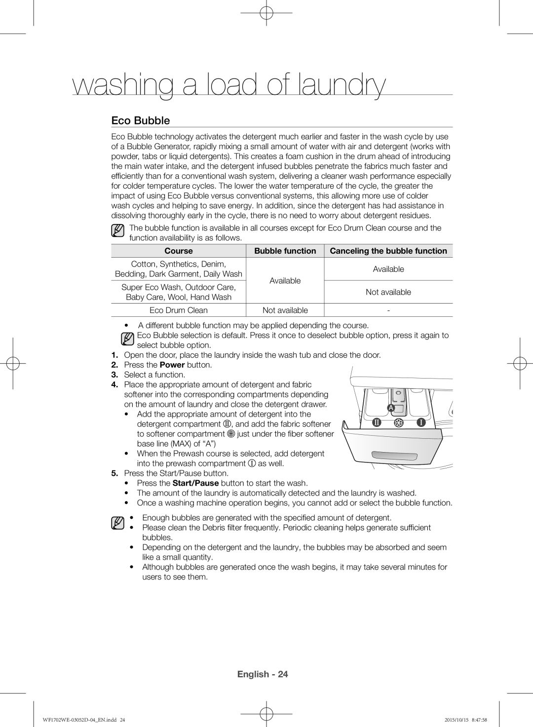 Samsung WF1702WEC/YKJ manual Eco Bubble, Course Bubble function Canceling the bubble function 