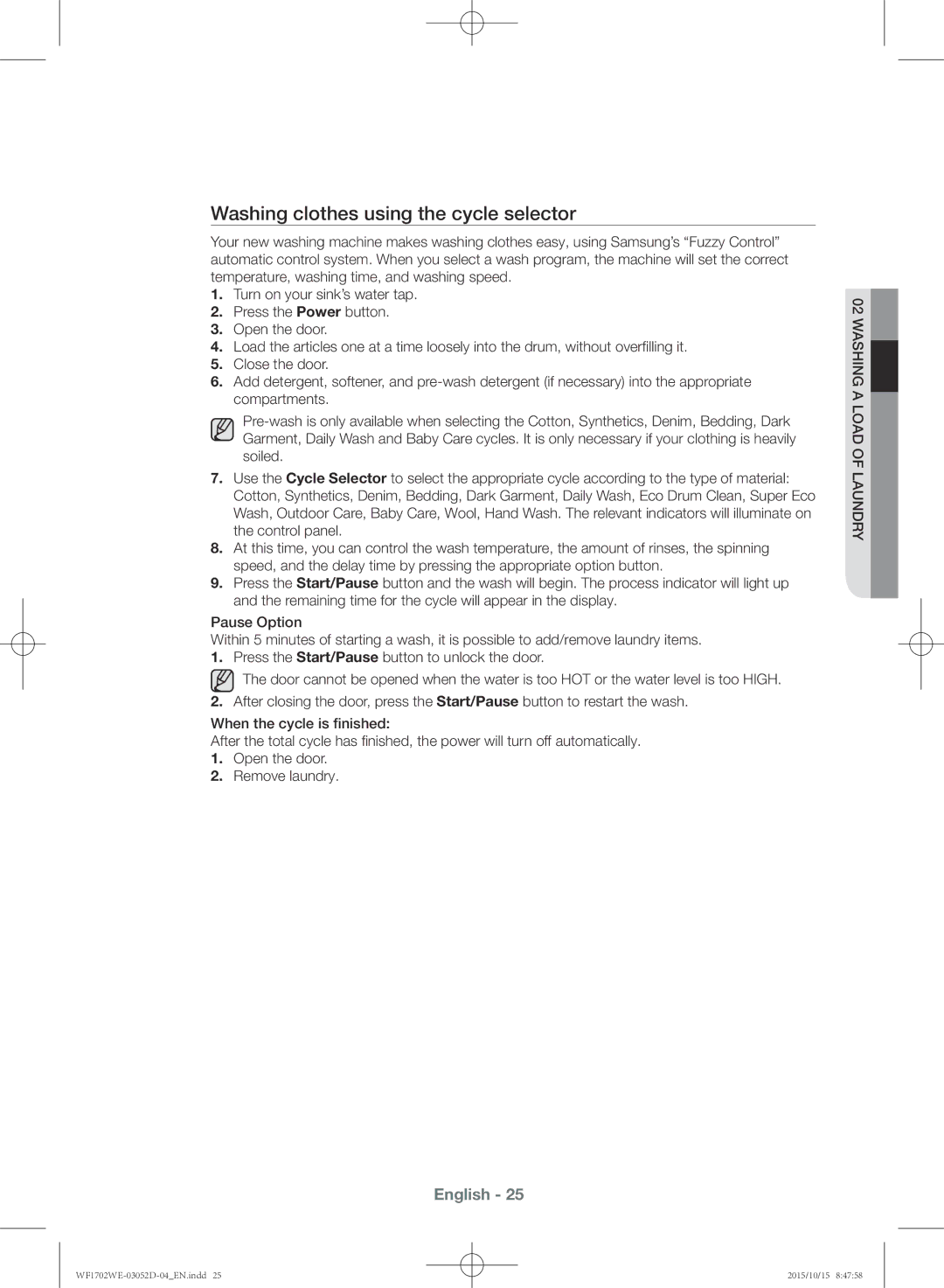 Samsung WF1702WEC/YKJ manual Washing clothes using the cycle selector 