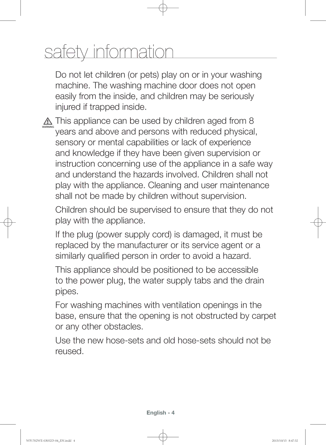 Samsung WF1702WEC/YKJ manual Safety information 