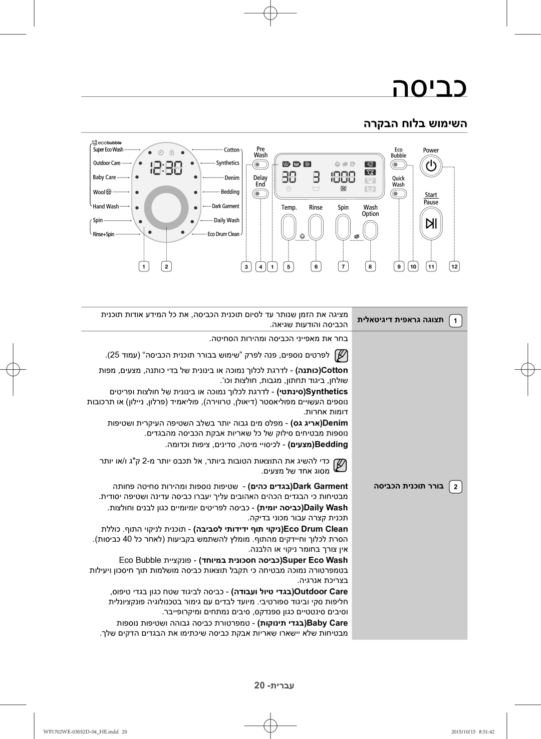 Samsung WF1702WEC/YKJ manual הרקבה חולב שומישה, תילאטיגיד תיפארג הגוצת, הסיבכה תינכות ררוב 