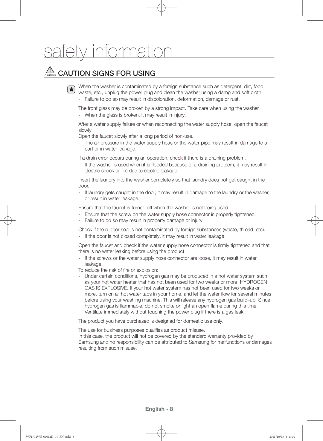 Samsung WF1702WEC/YKJ manual Safety information 