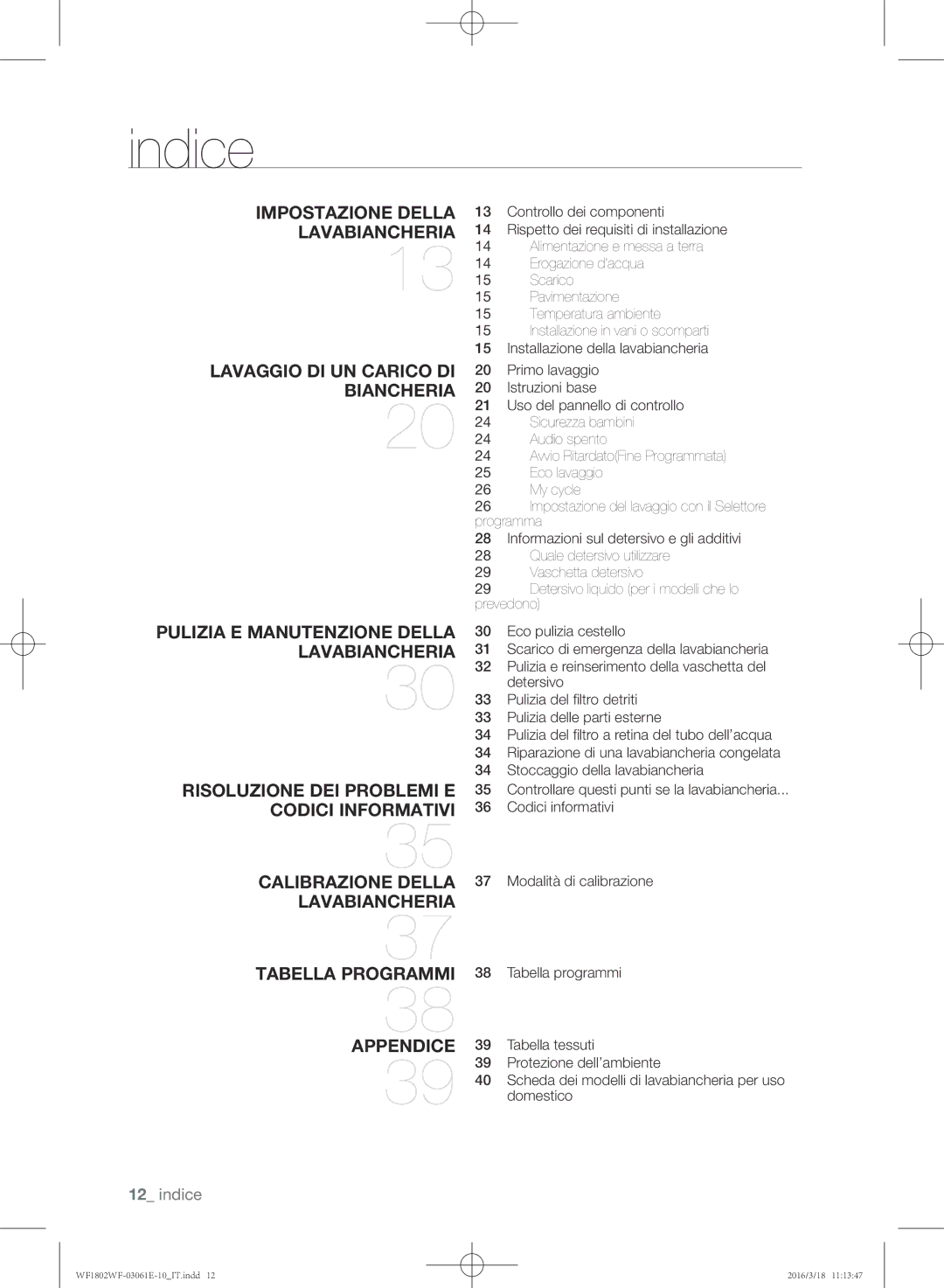 Samsung WF1702WFVS/XET, WF1802WFVS/XET manual Indice 