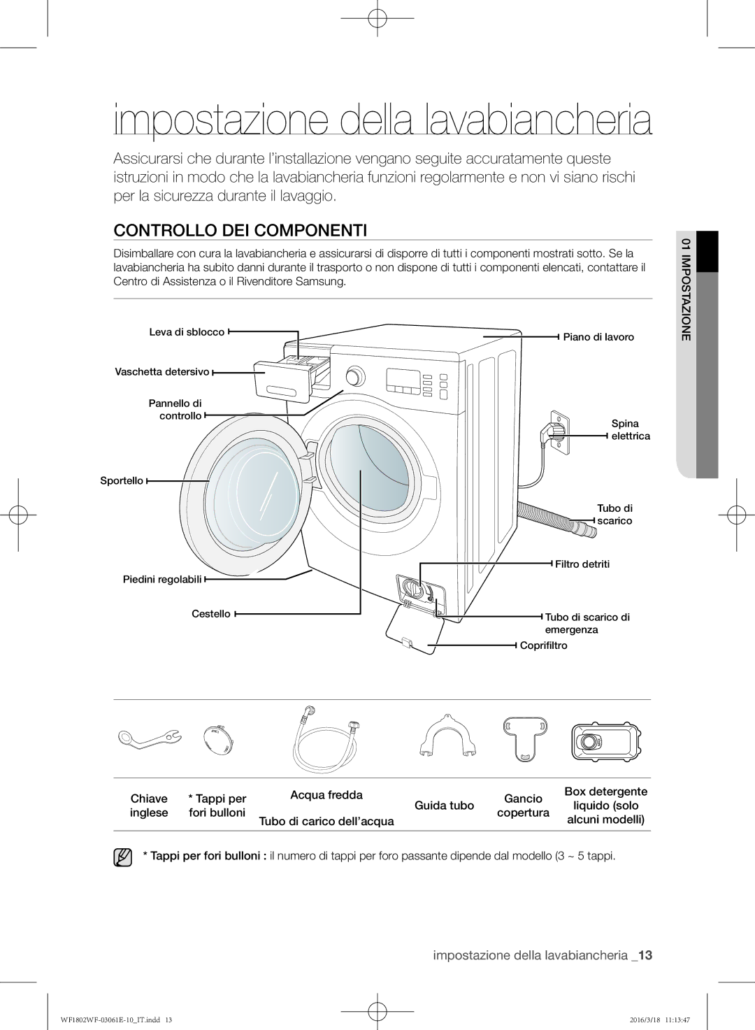 Samsung WF1802WFVS/XET, WF1702WFVS/XET manual Impostazione della lavabiancheria, Controllo dei componenti 