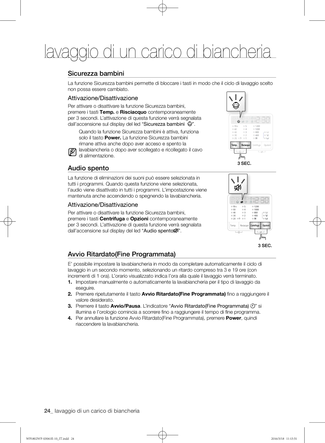 Samsung WF1702WFVS/XET, WF1802WFVS/XET manual Sicurezza bambini, Audio spento 